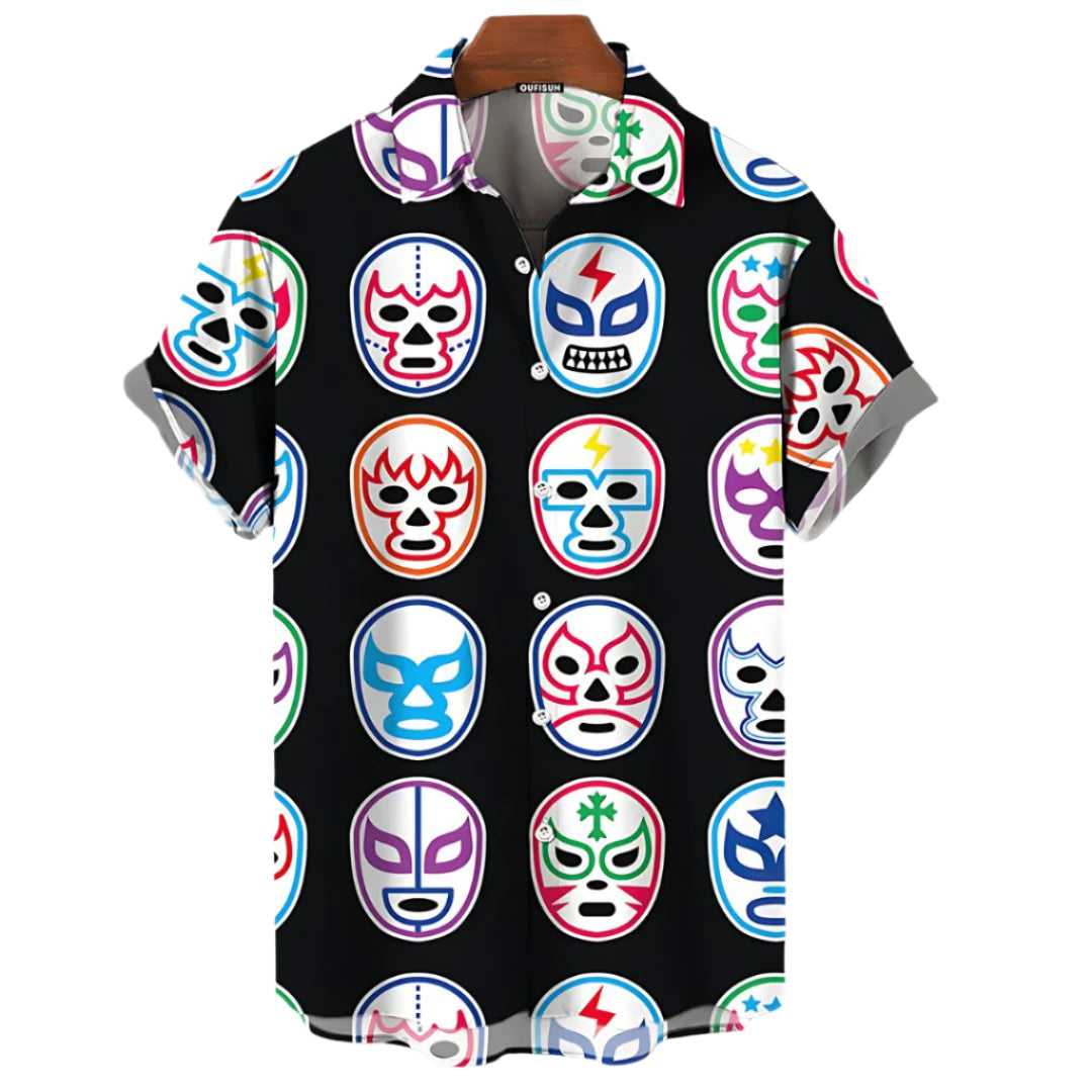 Herre farverig Luchador-maskemotiv T-shirt, afslappet stil, åndbart materiale, perfekt til sommer og festlige lejligheder.