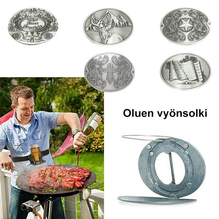 Mænds bælte med ølholder, zinklegering, detaljeret mønster, tyre- og ulvehoveder, stilfuldt og praktisk tilbehør.