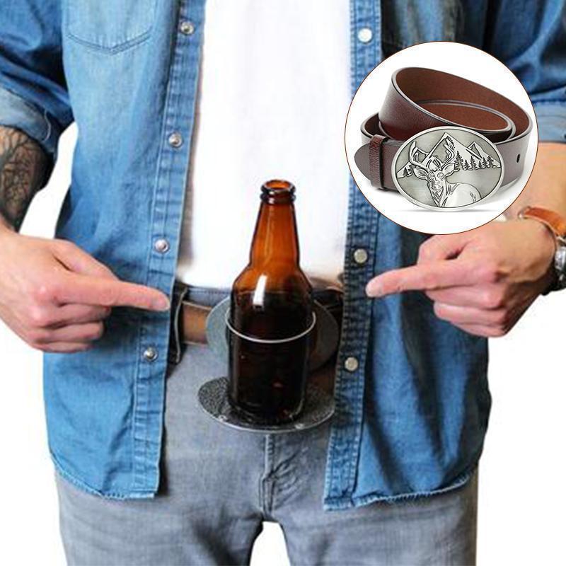 Mænds bælte med ølholder, zinklegering, detaljeret mønster, tyre- og ulvehoveder, stilfuldt og praktisk tilbehør.