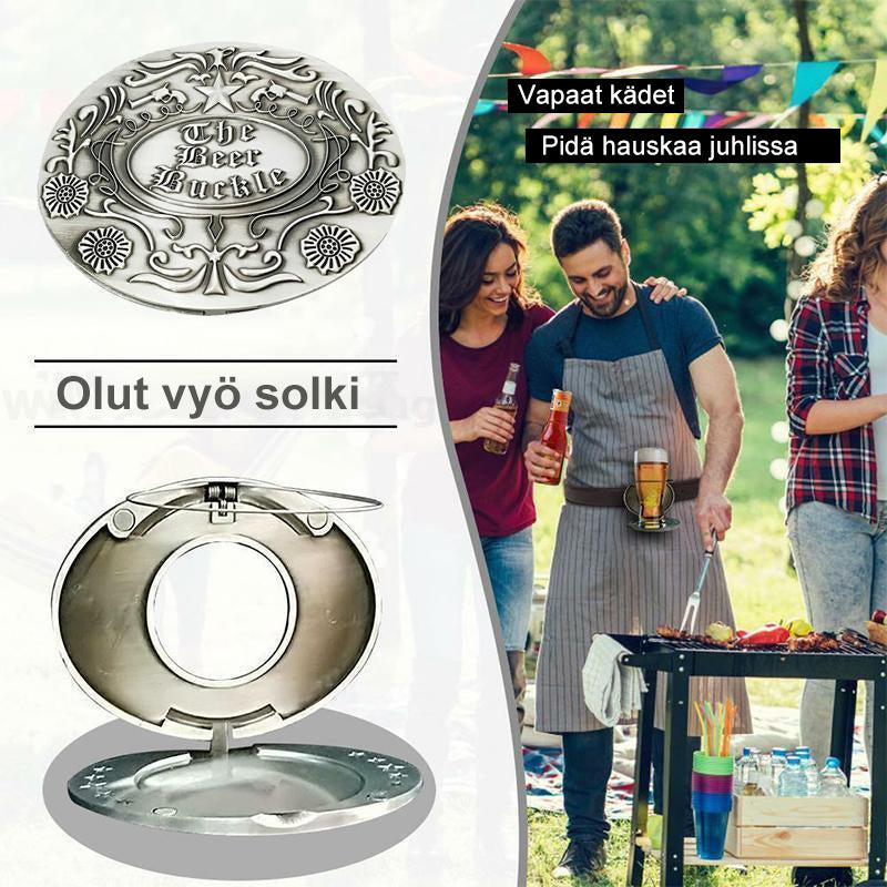 Mænds bælte med ølholder, zinklegering, detaljeret mønster, tyre- og ulvehoveder, stilfuldt og praktisk tilbehør.