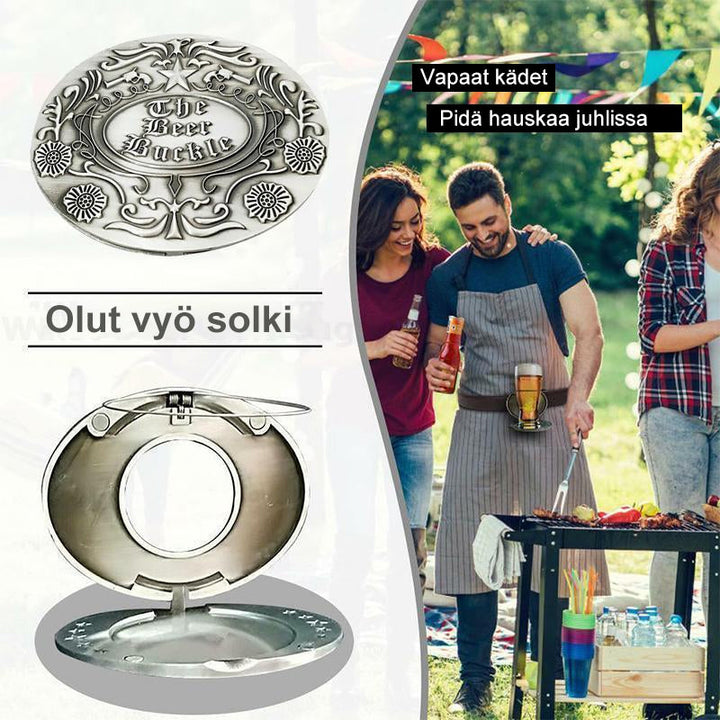 Mænds bælte med ølholder, zinklegering, detaljeret mønster, tyre- og ulvehoveder, stilfuldt og praktisk tilbehør.