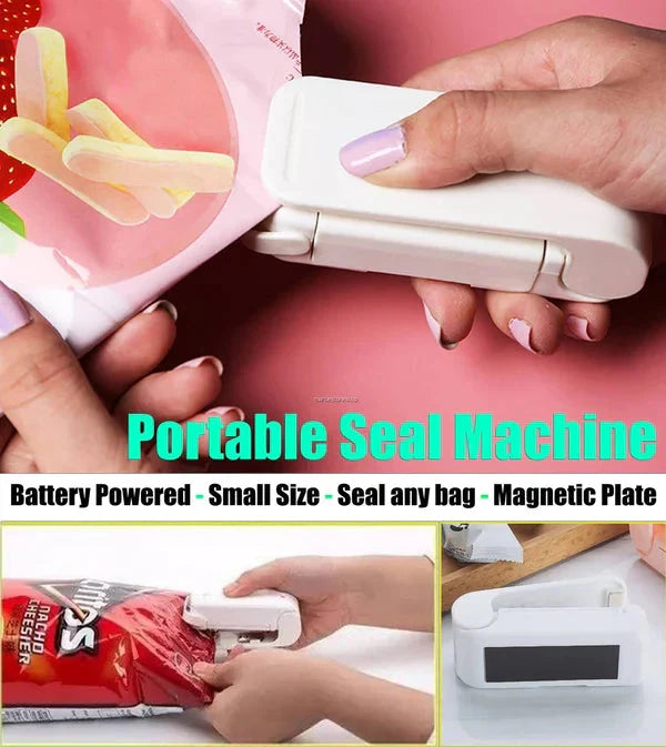 Mini bærbar varmeforseglingsmaskine - lille, hvid enhed med magnetisk base, velegnet til forsegling af plastik- og aluminiumsposer