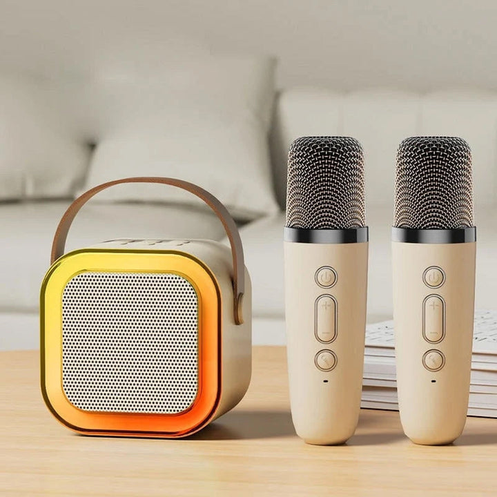 Mini karaokemaskine, trådløse mikrofoner, elegant design, flerfarvet, perfekt til musikelskere og fester.
