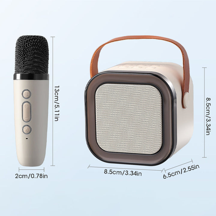 Mini karaokemaskine, trådløse mikrofoner, elegant design, flerfarvet, perfekt til musikelskere og fester.