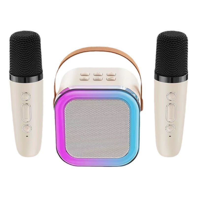 Mini karaokemaskine, trådløse mikrofoner, elegant design, flerfarvet, perfekt til musikelskere og fester.