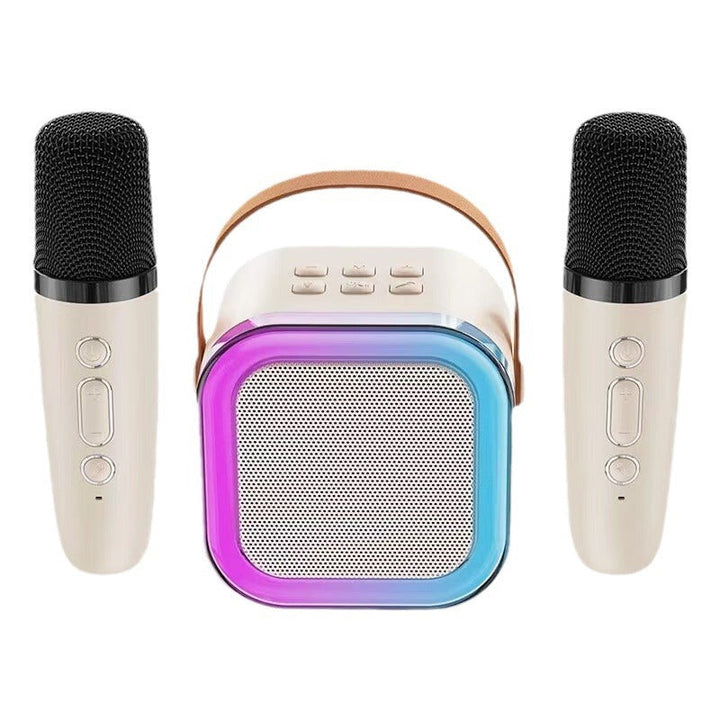 Mini karaokemaskine, trådløse mikrofoner, elegant design, flerfarvet, perfekt til musikelskere og fester.