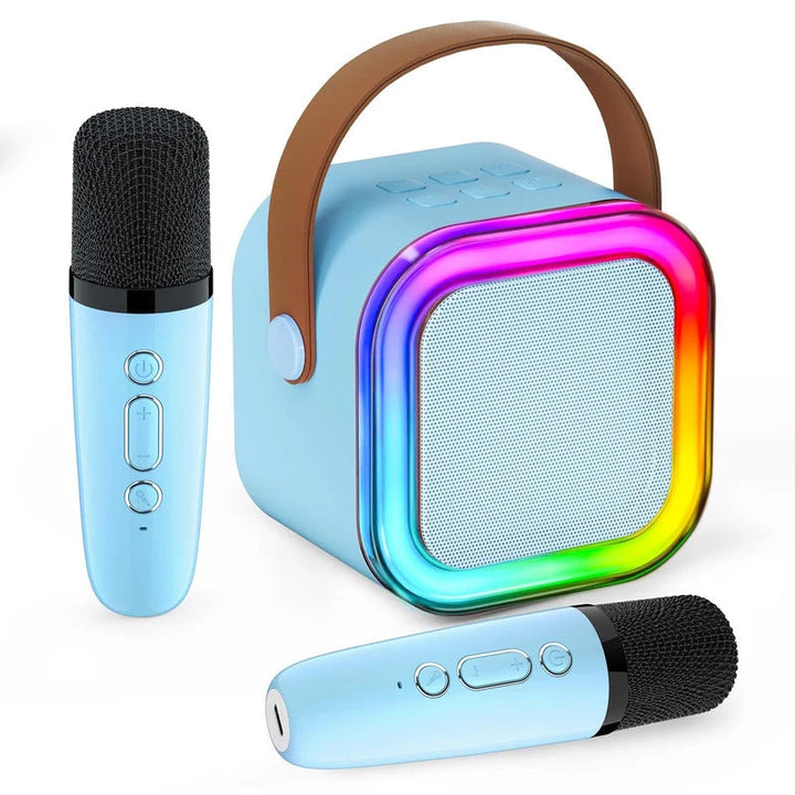 Mini karaokemaskine, trådløse mikrofoner, elegant design, flerfarvet, perfekt til musikelskere og fester.