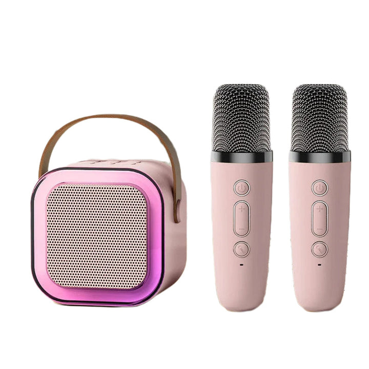 Mini karaokemaskine, trådløse mikrofoner, elegant design, flerfarvet, perfekt til musikelskere og fester.