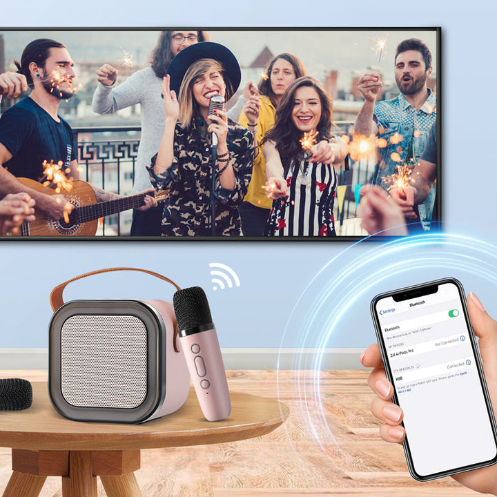 Mini karaokemaskine, trådløse mikrofoner, elegant design, flerfarvet, perfekt til musikelskere og fester.