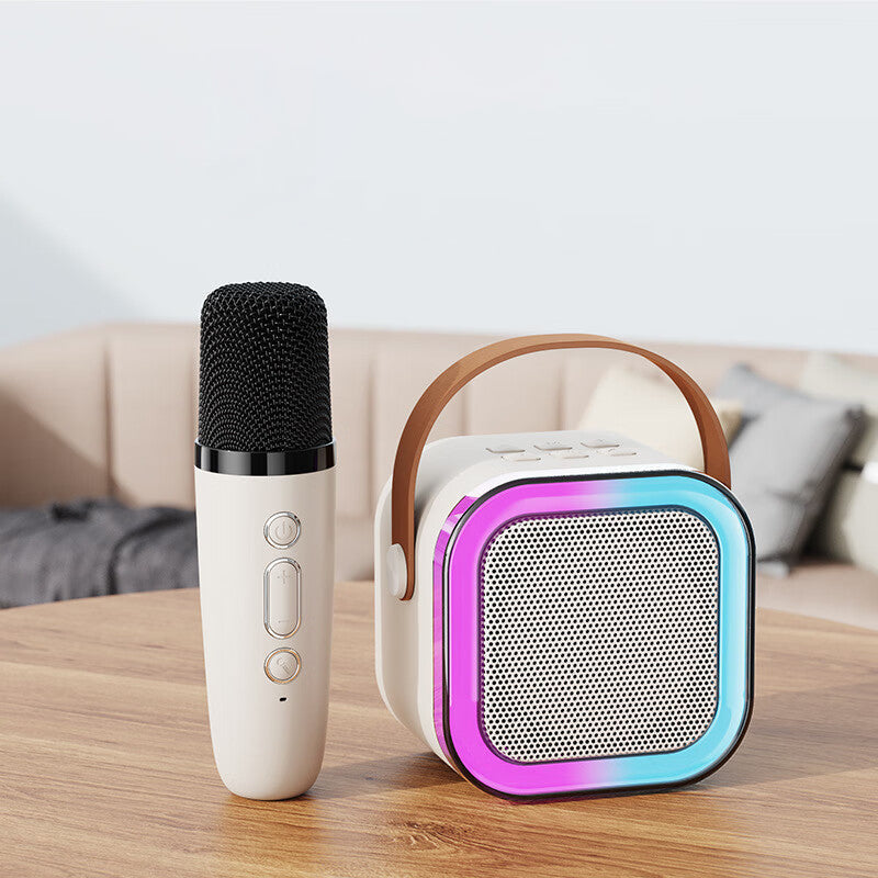 Mini karaokemaskine, trådløse mikrofoner, elegant design, flerfarvet, perfekt til musikelskere og fester.