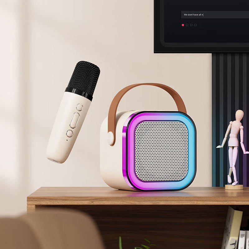 Mini karaokemaskine, trådløse mikrofoner, elegant design, flerfarvet, perfekt til musikelskere og fester.