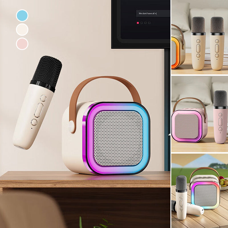 Mini karaokemaskine, trådløse mikrofoner, elegant design, flerfarvet, perfekt til musikelskere og fester.