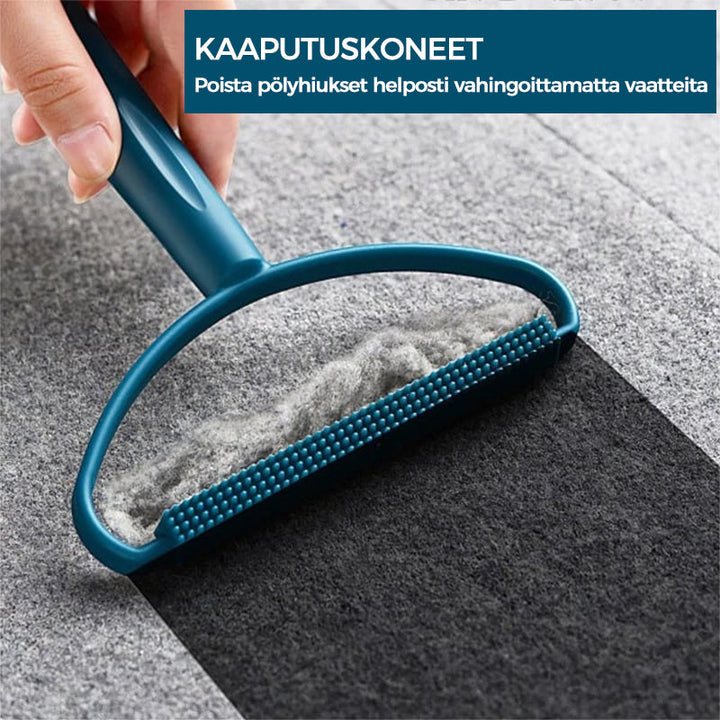 Mini håndholdt fnug- og dyrehårfjerner, blå håndtag, tosidigt kobberblad og børste.