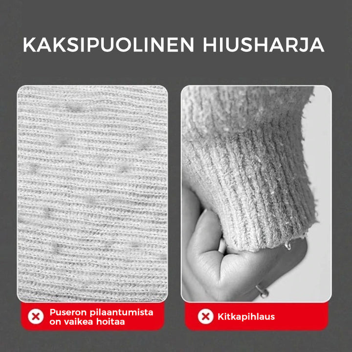 Mini håndholdt fnug- og dyrehårfjerner, blå håndtag, tosidigt kobberblad og børste.