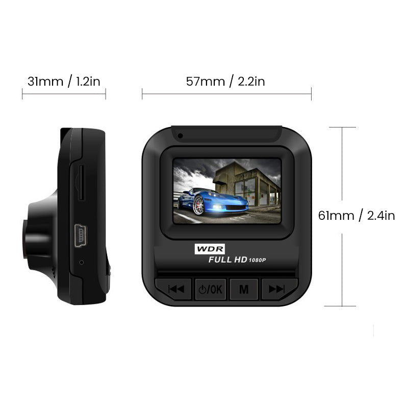 Mini sort dashcam, kompakt design, HD-videooptagelse og IR-natteoptagelse, passer til alle køretøjer.