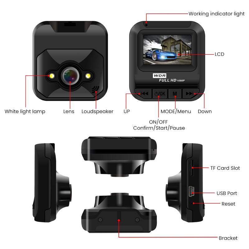 Mini sort dashcam, kompakt design, HD-videooptagelse og IR-natteoptagelse, passer til alle køretøjer.