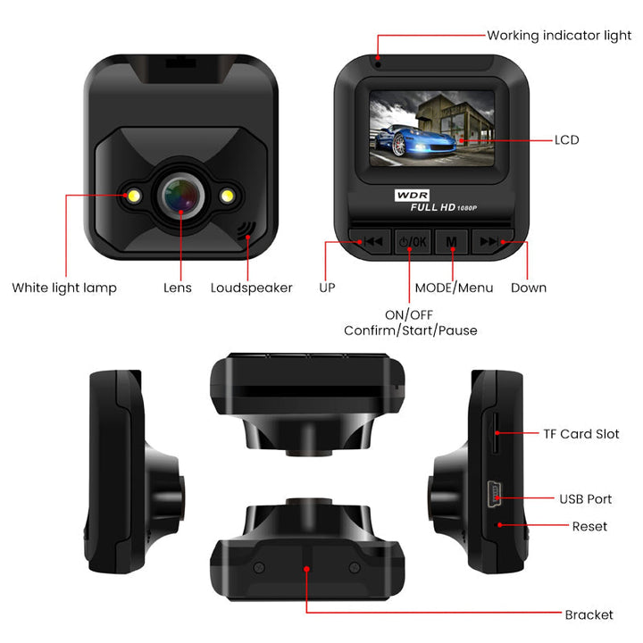 Mini sort dashcam, kompakt design, HD-videooptagelse og IR-natteoptagelse, passer til alle køretøjer.