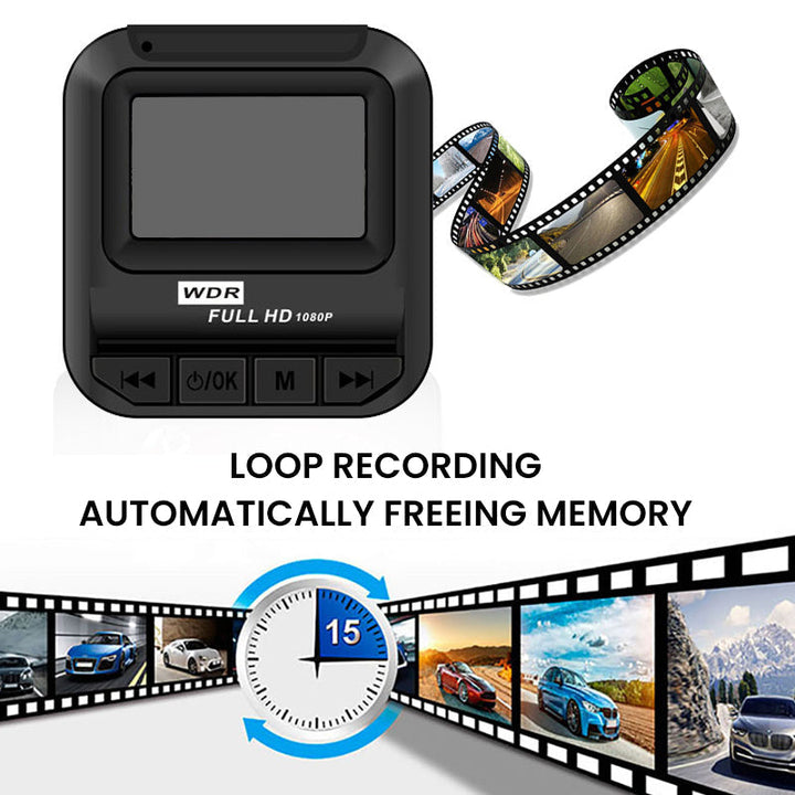 Mini sort dashcam, kompakt design, HD-videooptagelse og IR-natteoptagelse, passer til alle køretøjer.
