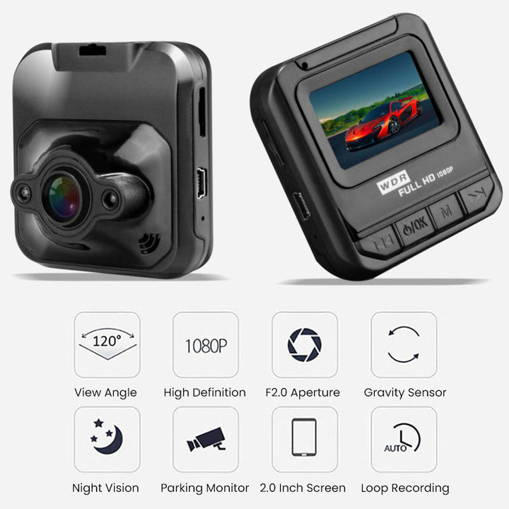 Mini sort dashcam, kompakt design, HD-videooptagelse og IR-natteoptagelse, passer til alle køretøjer.
