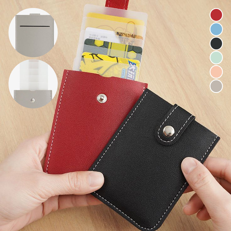 Minimalistinen slim monikorttikotelo unisex PU-nahkaa, pitää 5 korttia, kompakti koko 11x7.5x1 cm, nappikiinnitys.