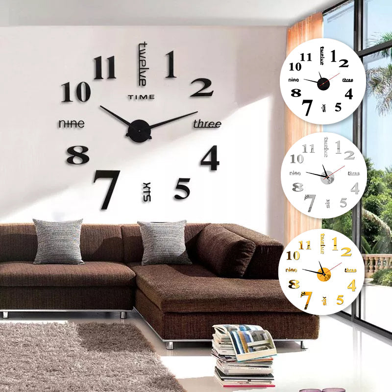 Moderne akryl DIY vægur i sølv, stort minimalistisk design, monteret på hvid væg, stille mekanisme.