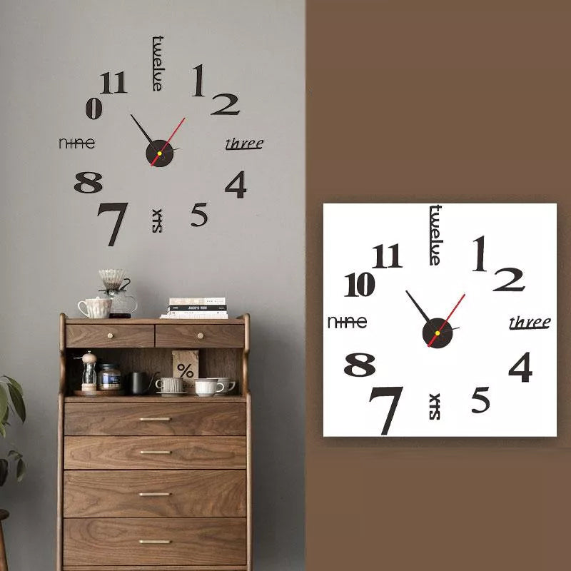 Moderne akryl DIY vægur i sølv, stort minimalistisk design, monteret på hvid væg, stille mekanisme.