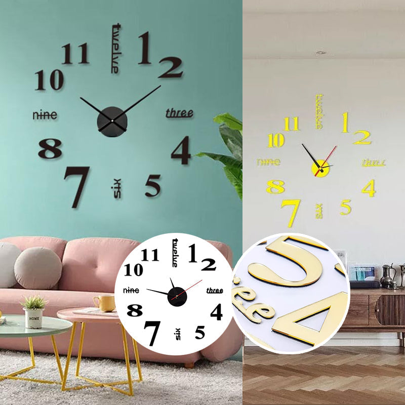 Moderne akryl DIY vægur i sølv, stort minimalistisk design, monteret på hvid væg, stille mekanisme.