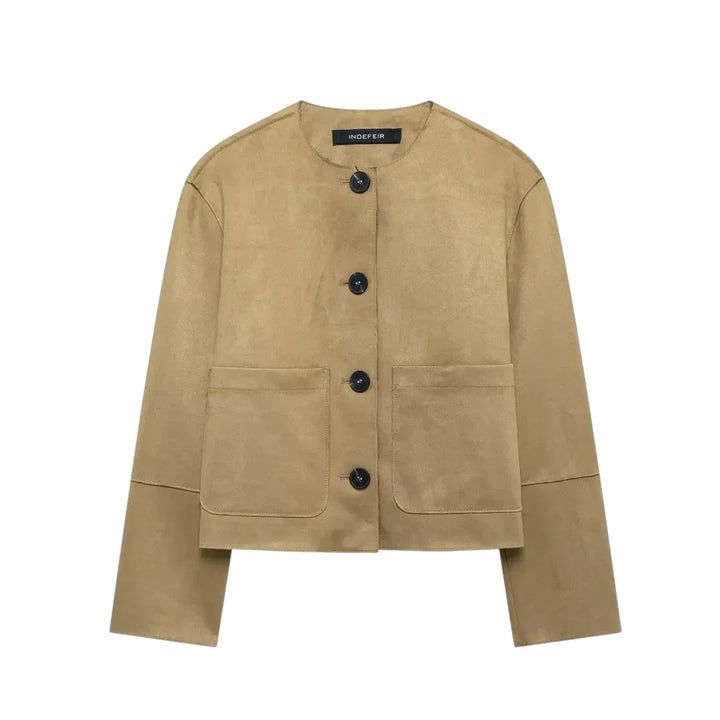 "Moderni naisten beige bleiseri, pitkät hihat, tyylikäs ja elegantti; täydellinen arkeen ja juhlaan."