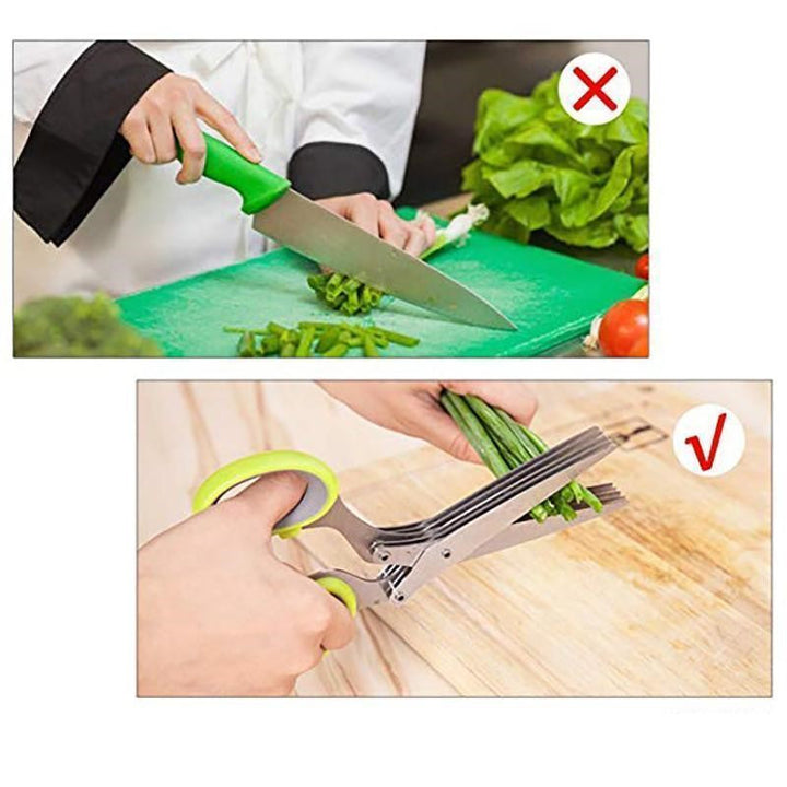 Multilags køkkensaks i rustfrit stål, fem skarpe klinger og ergonomisk håndtag til effektiv hakning.