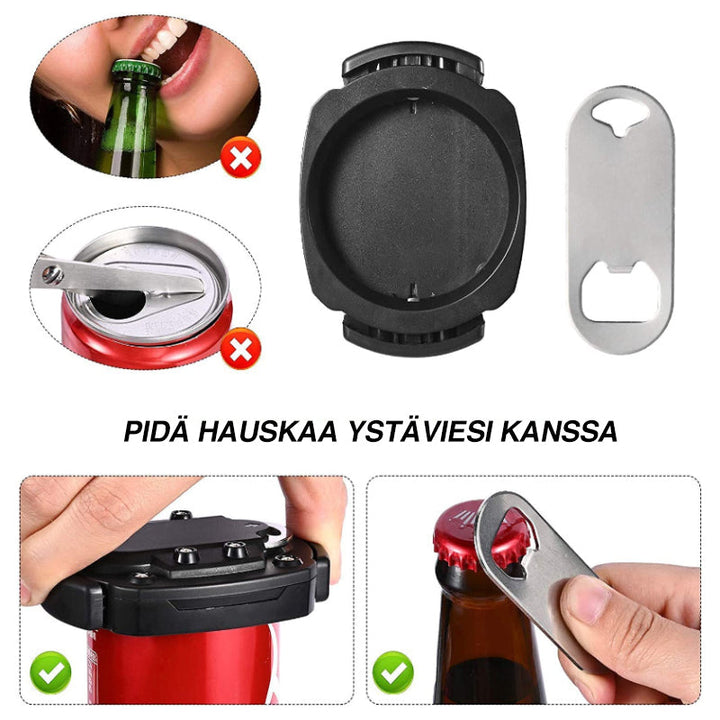 "Monikäyttöinen 2in1 tölkinavaaja, ruostumatonta terästä, musta väri, ergonominen muoto, kompakti kotiin ja ulkoiluun."