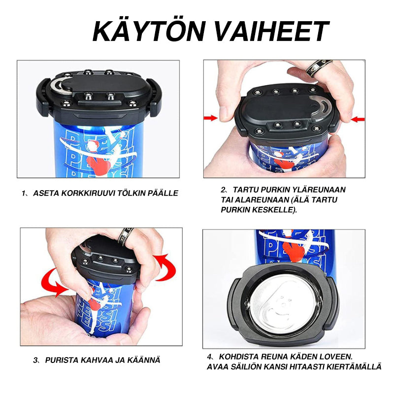 "Monikäyttöinen 2in1 tölkinavaaja, ruostumatonta terästä, musta väri, ergonominen muoto, kompakti kotiin ja ulkoiluun."