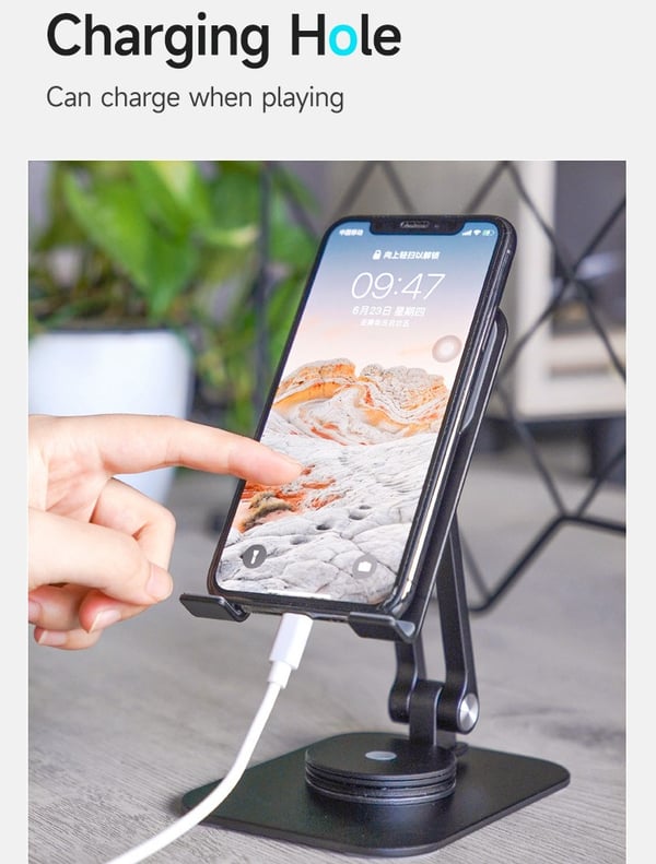 Monikäyttöinen 360° kääntyvä tabletti/puhelinpidike hopea, säädettävä korkeus, liukuestepinnat, alumiiniseos.