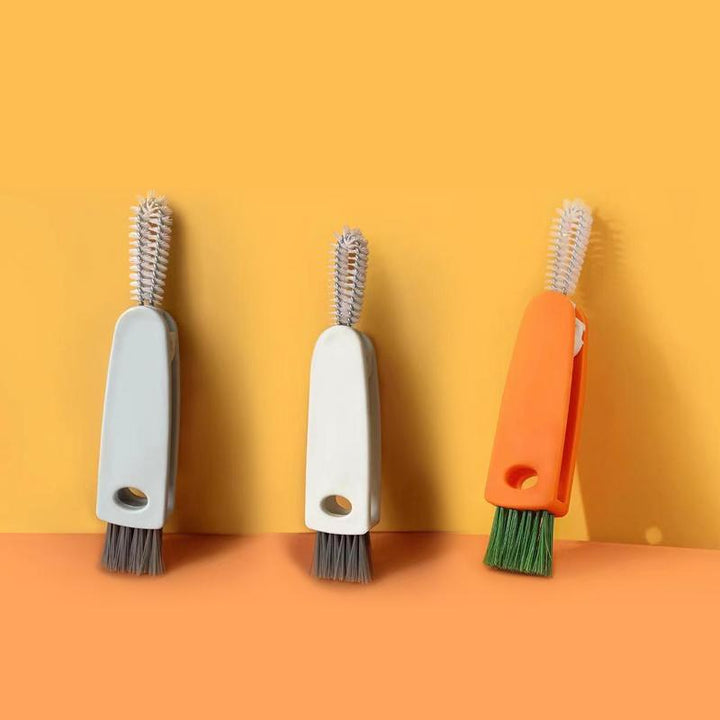 Multifunktionel 3-i-1 rengøringsbørste til køkkenet, grå, orange, hvid, holdbar plast, stål, nylon, med krog og vinkelbørste
