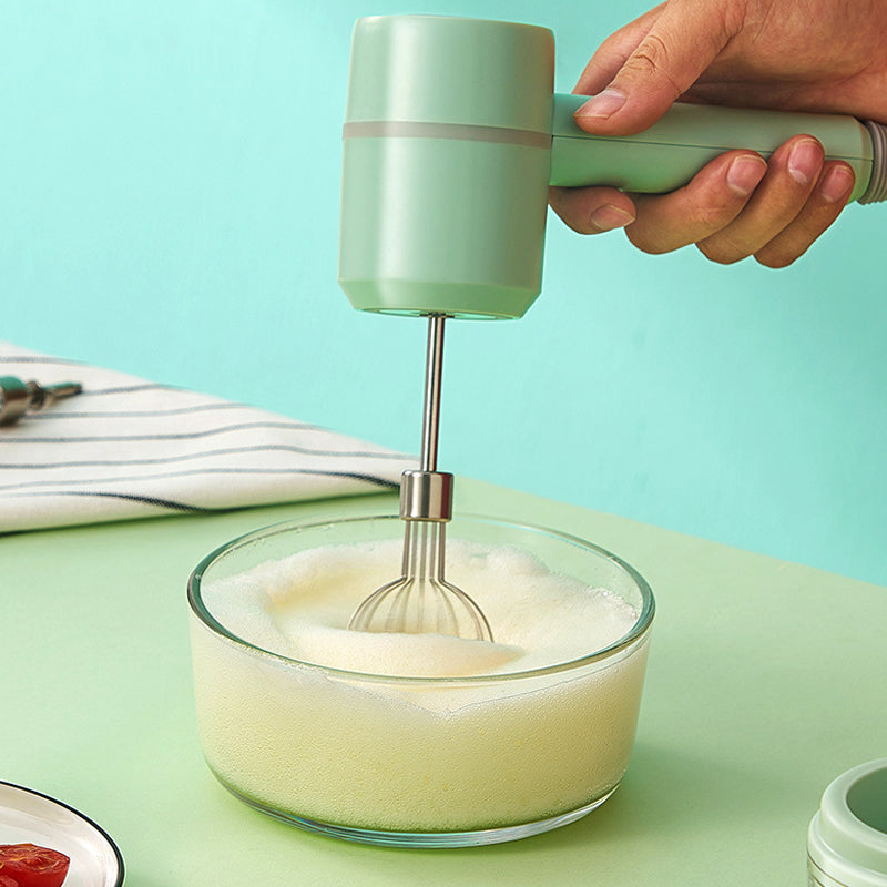 Multifunktionel 3-i-1 elektrisk blender, inkluderer piskeris, blender og hakker; sort bas, rustfrit stål.