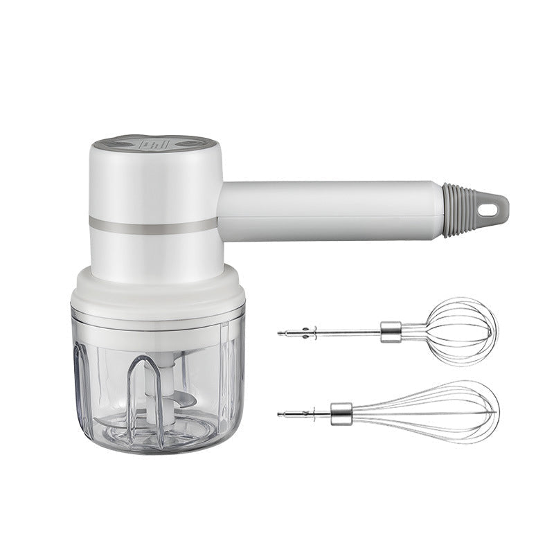 Multifunktionel 3-i-1 elektrisk blender, inkluderer piskeris, blender og hakker; sort bas, rustfrit stål.