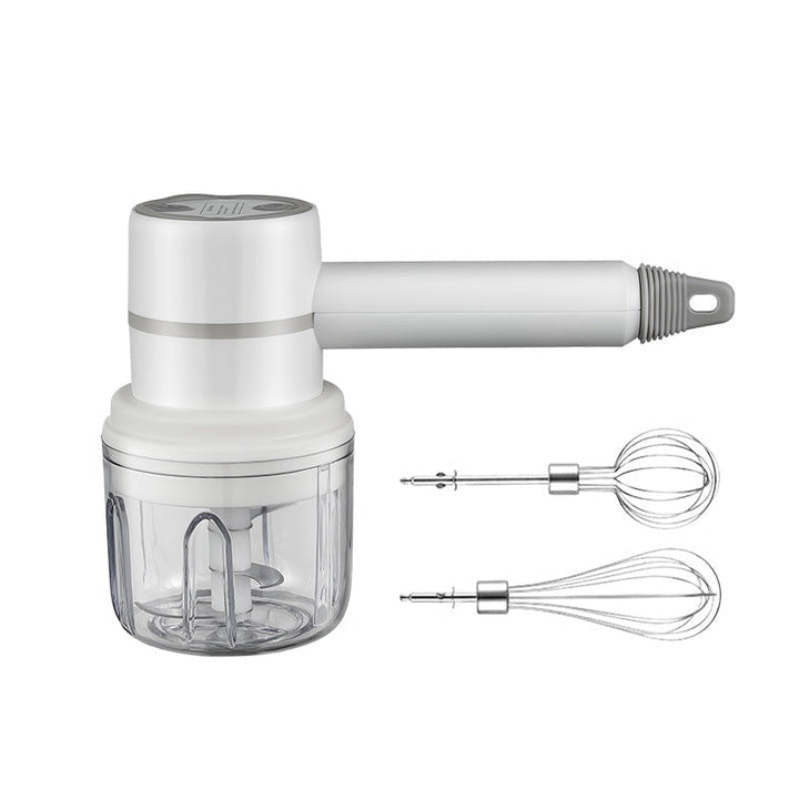 Multifunktionel 3-i-1 elektrisk blender, inkluderer piskeris, blender og hakker; sort bas, rustfrit stål.