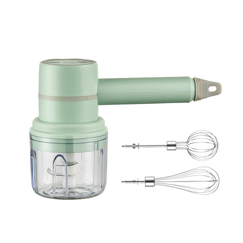 Multifunktionel 3-i-1 elektrisk blender, inkluderer piskeris, blender og hakker; sort bas, rustfrit stål.
