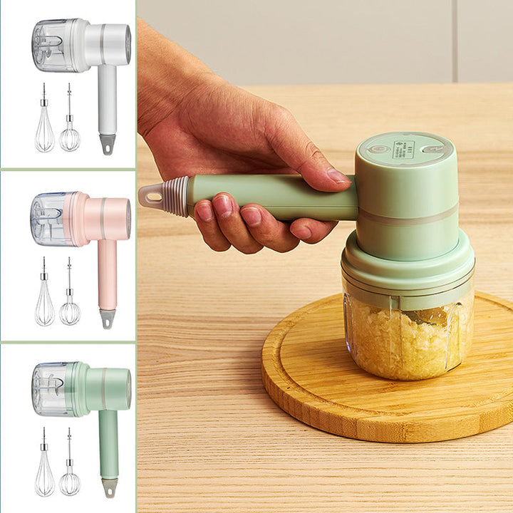 Multifunktionel 3-i-1 elektrisk blender, inkluderer piskeris, blender og hakker; sort bas, rustfrit stål.