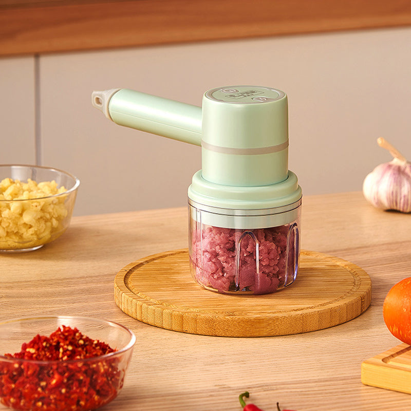 Multifunktionel 3-i-1 elektrisk blender, inkluderer piskeris, blender og hakker; sort bas, rustfrit stål.