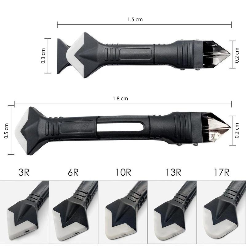 Multifunktionelt 3-i-1 silikoniværktøj med plastikhåndtag og stålblad, velegnet til hjemmereparationer og fugning.