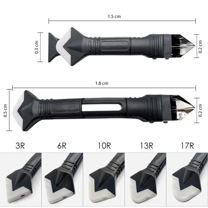 Multifunktionelt 3-i-1 silikoniværktøj med plastikhåndtag og stålblad, velegnet til hjemmereparationer og fugning.