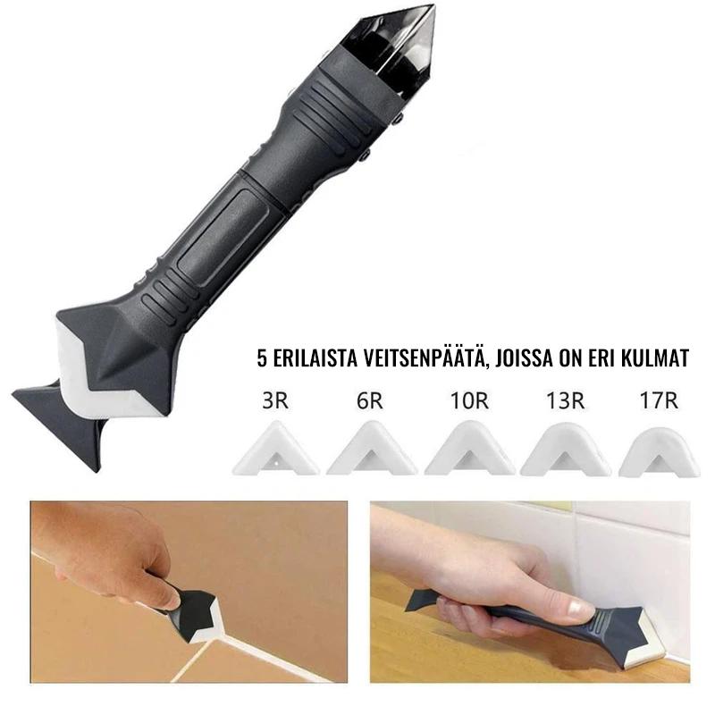 Multifunktionelt 3-i-1 silikoniværktøj med plastikhåndtag og stålblad, velegnet til hjemmereparationer og fugning.