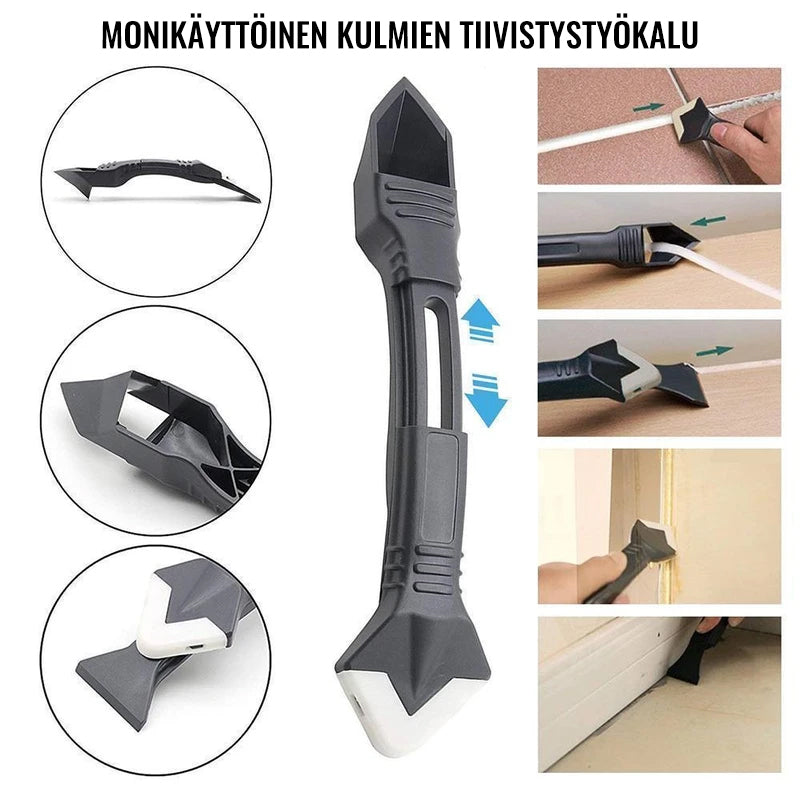 Alsidigt 3-i-1 silikoniværktøj med rustfrit stålblad og plasthåndtag, der hjælper med fjernelse af silikonemasse.