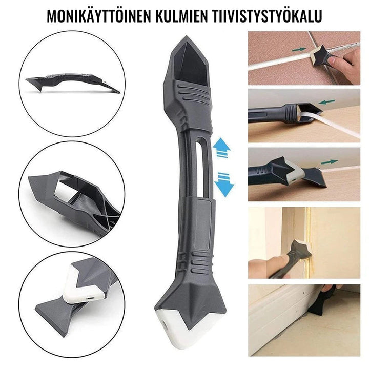 Alsidigt 3-i-1 silikoniværktøj med rustfrit stålblad og plasthåndtag, der hjælper med fjernelse af silikonemasse.