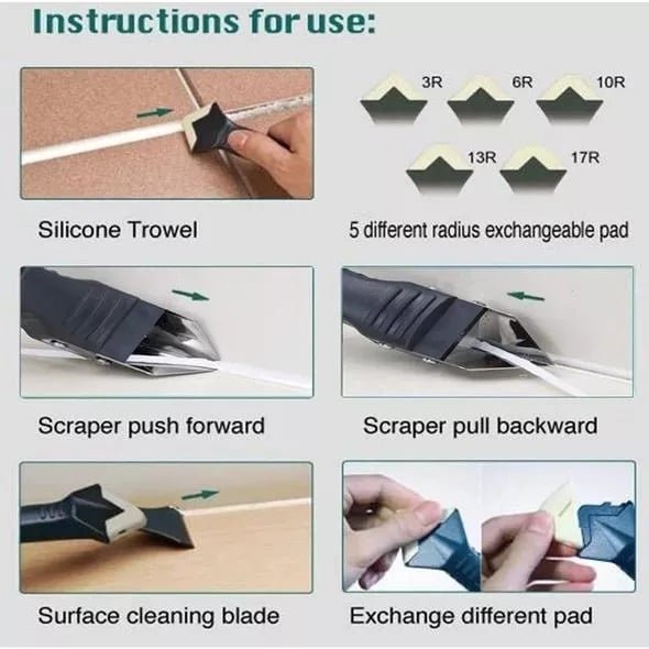 Monikäyttöinen 3-in-1 tiivistystyökalu, jossa ergonominen kahva ja vaihdettavat terät, täydellinen tiivistämiseen.