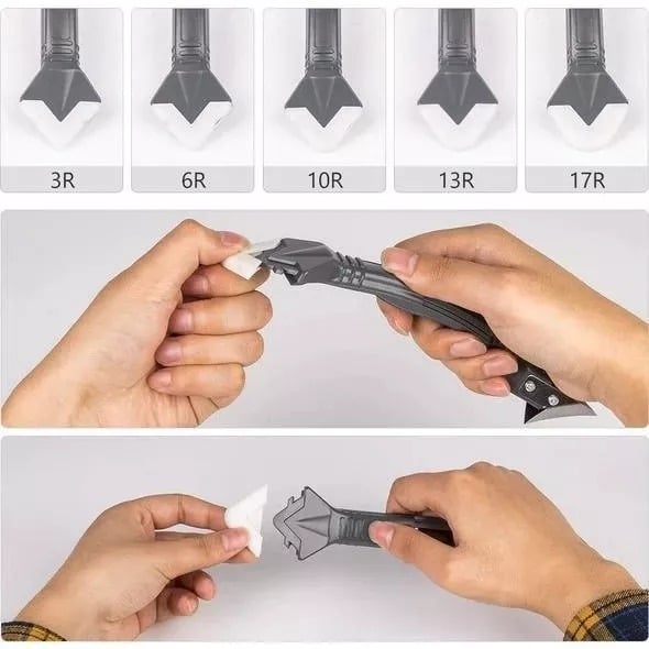 Monikäyttöinen 3-in-1 tiivistystyökalu, jossa ergonominen kahva ja vaihdettavat terät, täydellinen tiivistämiseen.