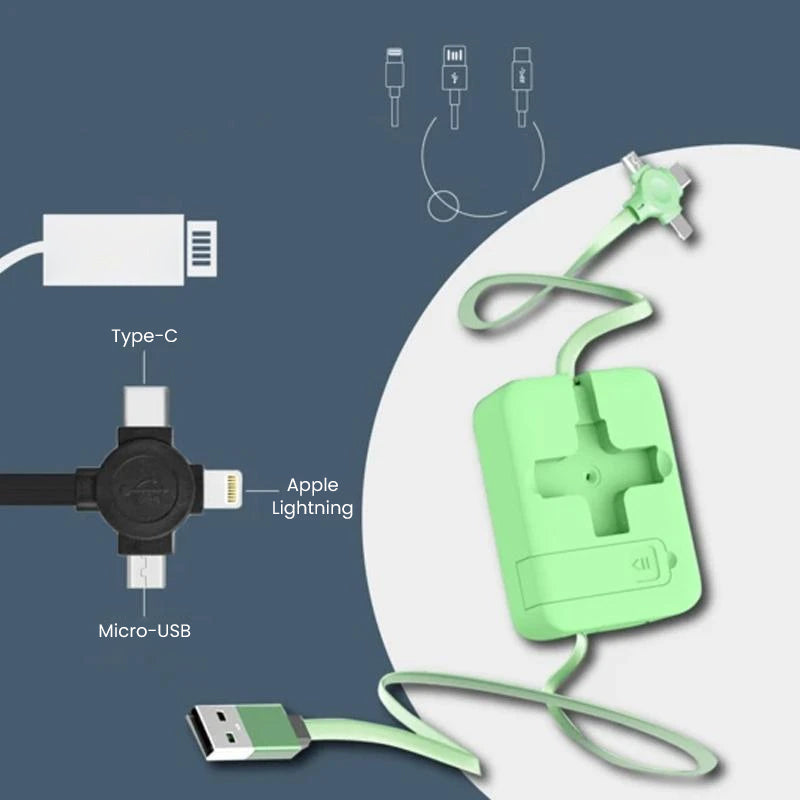 "Monikäyttöinen 3-in-1-puhelinteline ja latauskaapeli, sisältää Lightning, MicroUSB ja Type-C. Useita värivaihtoehtoja."