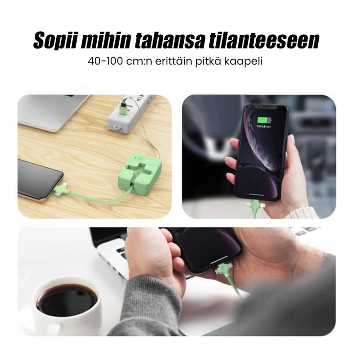 "Monikäyttöinen 3-in-1-puhelinteline ja latauskaapeli, sisältää Lightning, MicroUSB ja Type-C. Useita värivaihtoehtoja."