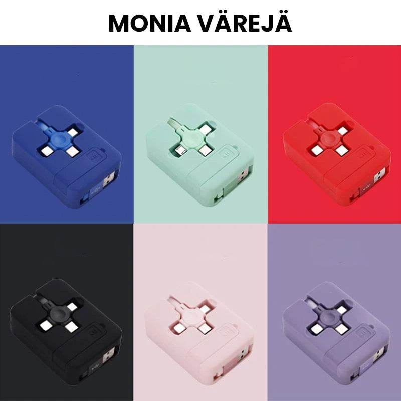 "Monikäyttöinen 3-in-1-puhelinteline ja latauskaapeli, sisältää Lightning, MicroUSB ja Type-C. Useita värivaihtoehtoja."