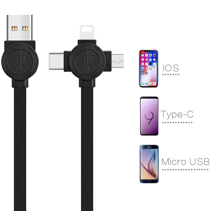 "Monikäyttöinen 3-in-1-puhelinteline ja latauskaapeli, sisältää Lightning, MicroUSB ja Type-C. Useita värivaihtoehtoja."